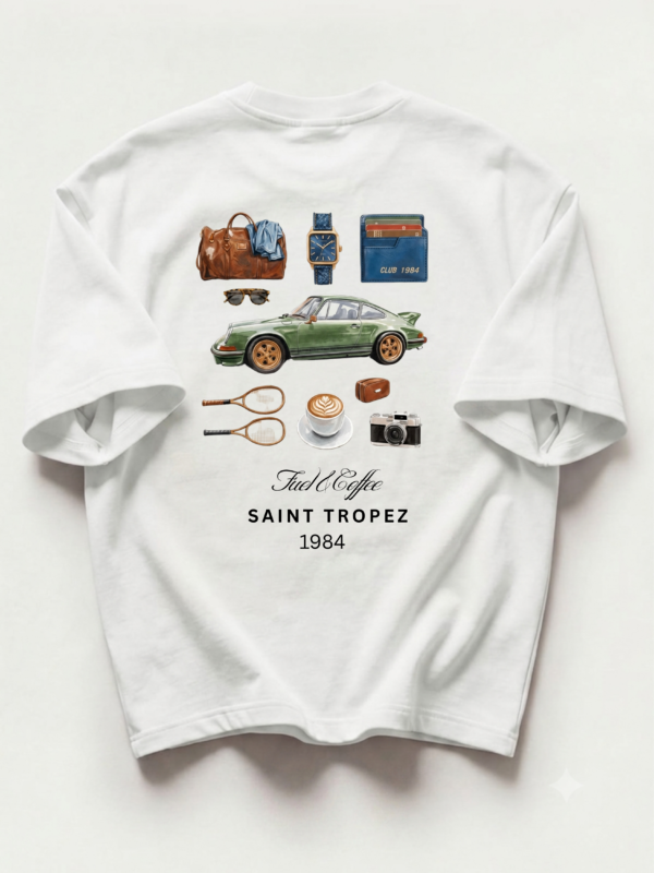 IMG_9616 Fuel & Coffee Saint-Tropez 1984 Oversized T-Shirt – White